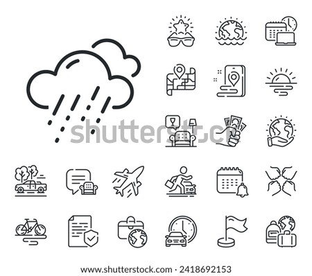Clouds with rain sign. Plane jet, travel map and baggage claim outline icons. Rainy weather forecast line icon. Cloudy sky symbol. Rainy weather line sign. Car rental, taxi transport icon. Vector