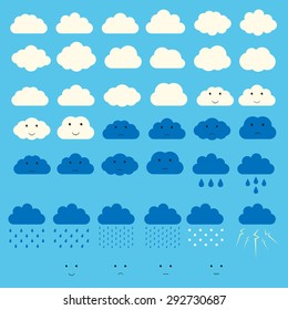 Clouds with rain, snow, thunder, lightning and faces collection. EPS 10 vector illustration, no transparency