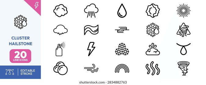 Clouds, rain, snowflakes, storms, sunrays, lightning bolts, haones, fog, gusts, and tornadoes weather climate-related designs.