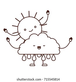 clouds with rain and sun kawaii caricature in brown color contour vector illustration