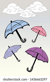 clouds, rain and umbrellas vector illustration