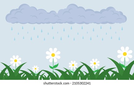 Nubes con un campo de flores de agua de lluvia, hierba verde. El cielo lluvioso y el paisaje natural. Diseño plano vectorial