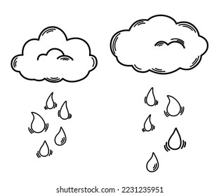 Clouds with rain. Weather forecast. Line art. Meteorological. Cloudy weather symbol for web printing and applications. Vector illustration in doodle style isolated on the white background.