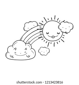 clouds and rainbow cartoon in black and white