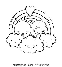 clouds and rainbow cartoon in black and white