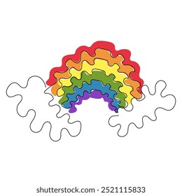 Clouds and rainbow in continuous one line art style. Simple vector illustration