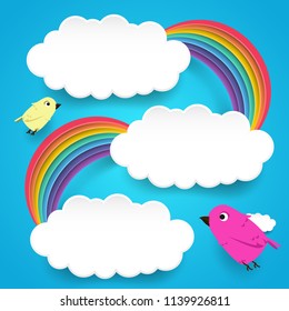 Clouds and rainbow with cute birds
