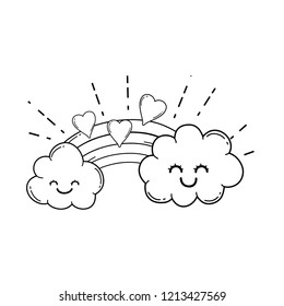 Clouds and rainbow cute cartoon in black and white