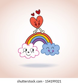 clouds rainbow and heart cute characters illustration