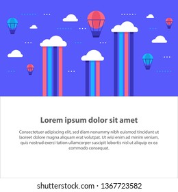 Clouds with rainbow and hot air balloons in the sky, colorful children illustration, flat design