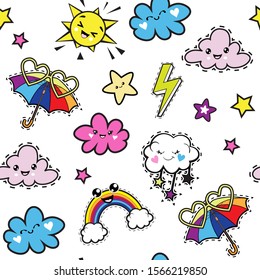Clouds, rainbow and multicolored umbrella on a white background seamless pattern