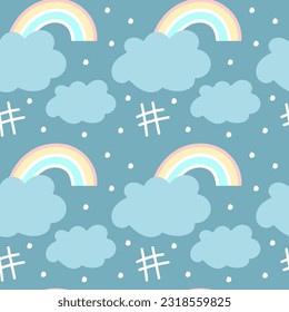 Nubes, arcoíris y lluvias en forma de dibujos animados sin soldadura para papeles pintados, textiles, telas, papel de envoltura