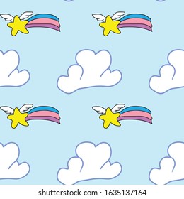 Clouds and a rainbow with a star . Hand-drawn. Seamless blue background. Stock vector illustration.Children's design