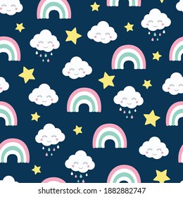 Clouds rainbow and strars seamless pattern. Kids and baby cartoon blue design for print and fabric.