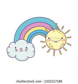 clouds and rainbow with sun kawaii characters