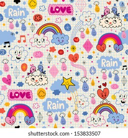 clouds rainbows birds rain love hearts pattern