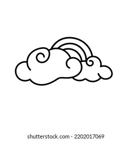 Clouds with rainbows, drawn elements in doodle style. Nature phenomenon. After the rain. Weather. Little curly clouds. Cute vector illustration.