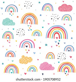 Clouds rainbows love hearts pattern