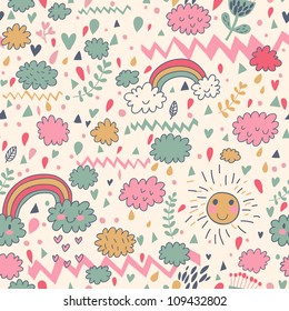 Las nubes lluvias caen en un patrón ininterrumpido. Ilustración del doodle vectorial.