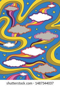 Clouds and Rainbows in the Starry Sky Groovy Psychedelic Art Background 1960s Style 