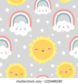Clouds Rainbows and Stars Cute Seamless Pattern, Cartoon Vector Illustration, Nursery Background for Kid Clouds Rainbows and Stars Cute Seamless Pattern, Cartoon Vector Illustration, Nursery Background for Kid