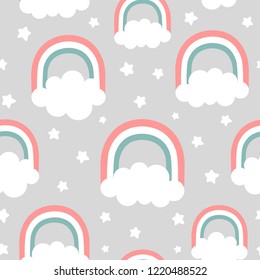 Clouds Rainbows and Stars Cute Seamless Pattern, Cartoon Vector Illustration, Nursery Background for Kid Clouds Rainbows and Stars Cute Seamless Pattern, Cartoon Vector Illustration, Nursery Background for Kid