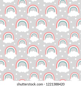 Clouds Rainbows and Stars Cute Seamless Pattern, Cartoon Vector Illustration, Nursery Background for Kid