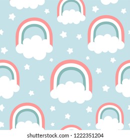 Clouds Rainbows and Stars Cute Seamless Pattern, Cartoon Vector Illustration, Nursery Background for Kid Clouds Rainbows and Stars Cute Seamless Pattern, Cartoon Vector Illustration, Nursery Background for Kid