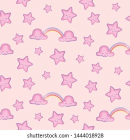 Clouds Rainbows and Stars Cute Seamless Pattern, Cartoon Vector Illustration, Nursery Background for Kid - Vector