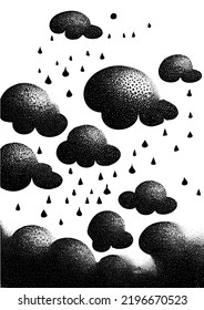 Nubes y gotas de lluvia, ilustración de puntos en blanco y negro.