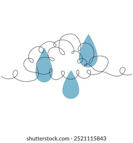 Clouds with raindrops in continuous one line art style. Simple vector illustration