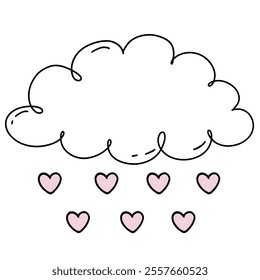 Clouds with raindrops forming hearts of love hand drawing for valentine's day, vector illustration	