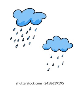 Clouds with raindrops in hand-drawn style, concept about a rainy season. Isolated vector illustration for print, digital and more design.