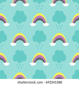 Clouds with raindrops and rainbows. Cute seamless pattern for children. Blue, white, yellow, purple, black colour. Vector illustration.