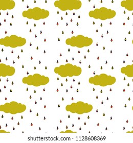 clouds and raindrops, seamless vector pattern on white background