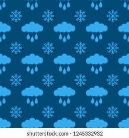 Clouds, Raindrops And Snowflakes Seamless Background Pattern