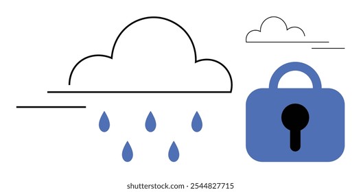As nuvens com um símbolo de cadeado azul destacam os temas de segurança de dados e armazenamento em nuvem em um estilo limpo e minimalista. Ideal para tecnologia, segurança cibernética, computação em nuvem e proteção de dados