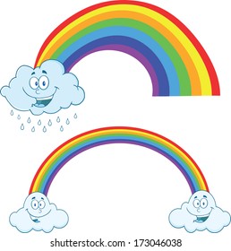 Clouds Raining With Rainbow Cartoon Mascot Characters. Vector Collection Set
