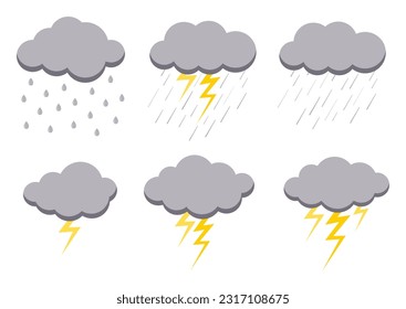 Clouds with rainy weather icon set isolated on white background. Illustration of light rain, shower, lightning thunder and thunderstorm. Rainy cloud vector collection in flat cartoon style.