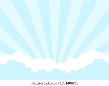 Clouds and rays background. Vector horizontal illustration.  Billboard, poster, banner.  Bright sky and sun shine background. Blue and white clouds on blue sky. Template for title or text.