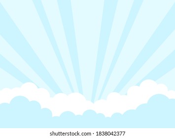 Clouds and rays background. Vector horizontal illustration.  Billboard, poster, banner.  Bright sky and sun shine background. Blue and white clouds on blue sky. Template for title or text.
