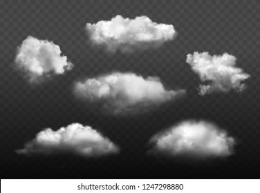 Clouds realistic. Blue cloudy sky weather elements vector picture set