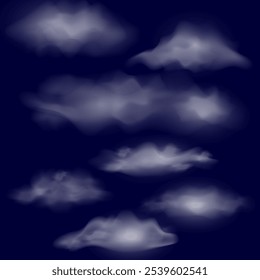 Nuvens realistas. Nublado conjunto isolado em fundo azul. Ilustração vetorial.
