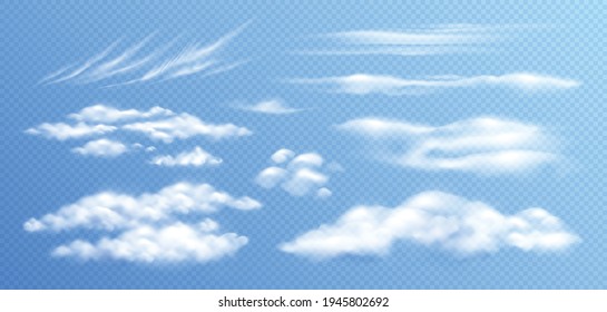 Clouds realistic set with isolated images of different types of clouds on clear sky transparent background vector illustration