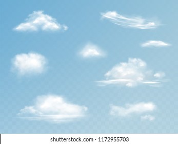 Clouds realistic set vector illustration of translucent cloudy sky with fluffy clouds isolated on transparent background for weather or nature cloudscape design elements
