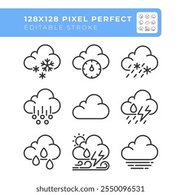 Conjunto de iconos lineales relacionados con las nubes. pronóstico de Clima. Nublado y precipitación. Presión atmosférica. Símbolos de línea delgada personalizables. Ilustraciones de contorno de Vector aislado. Trazo editable