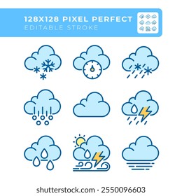 Conjunto de iconos de color RGB relacionados con las nubes. pronóstico de Clima. Nublado y precipitación. Presión atmosférica. Ilustraciones vectoriales aisladas. Colección de planos de línea rellenos simples. Trazo editable