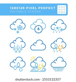 Nubes relacionadas con dos iconos de línea de color establecidos. pronóstico de Clima. Nublado y precipitación. Presión atmosférica bicolor contorno iconset aislado. Pictogramas duotónicos lineales delgados. Trazo editable