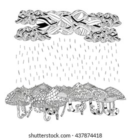 Clouds with running rain and umbrella. Coloring book page for adults and children. Hand drawn zentagles style. Black and white pattern for coloring book. Vector illustration
