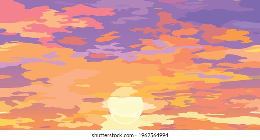 Clouds scenic backdrop orange purple gentle morning sunrise. Cartoon sky and clouds, abstract vector sunset background